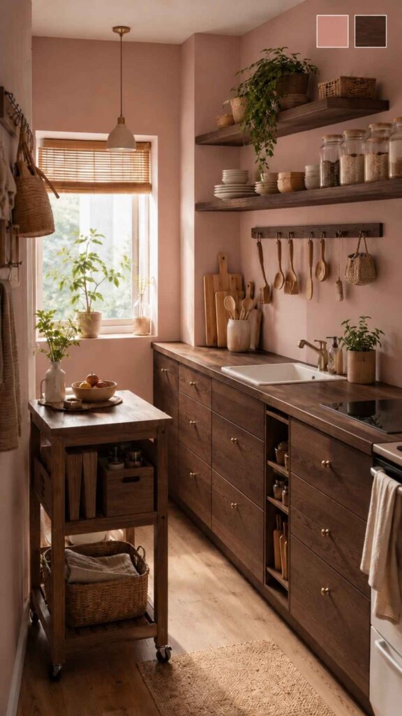 Pink and Natural Wood Kitchen Decor