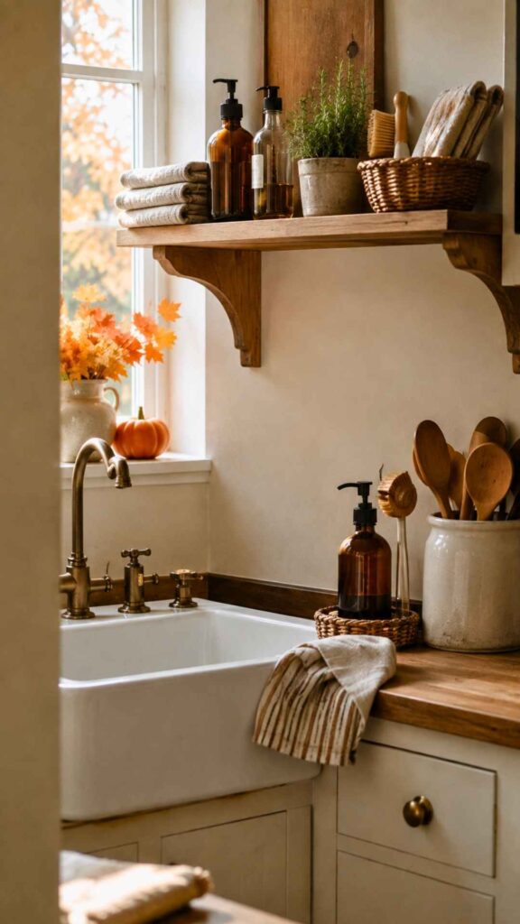 Fall Kitchen Decor Ideas with an Over-the-Sink Shelf for Plants and Essentials