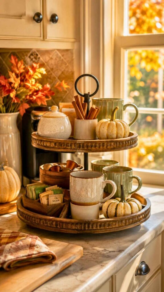 Fall Kitchen Decor Ideas with a Wooden Tiered Tray 