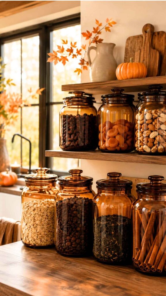 Fall Kitchen Decor Ideas with Amber Glass Jars