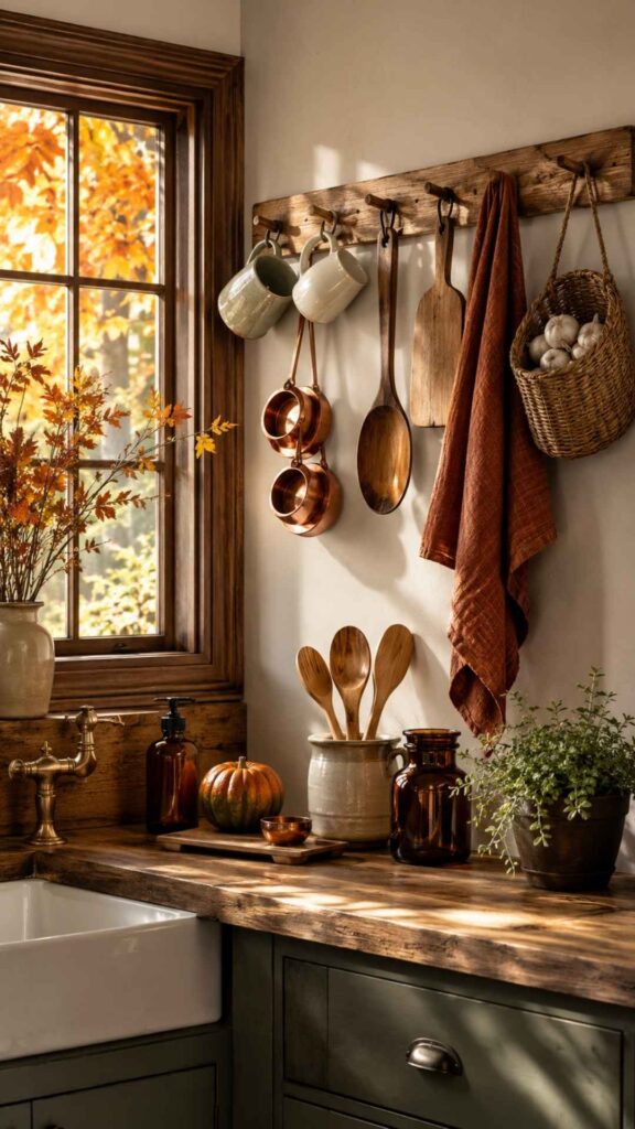  Fall Kitchen Decor Ideas Using a Peg Rail for Mugs, Towels, and Utensils