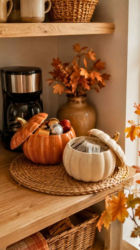 Fall Kitchen Decor Ideas Using Pumpkin-Shaped Storage Jars