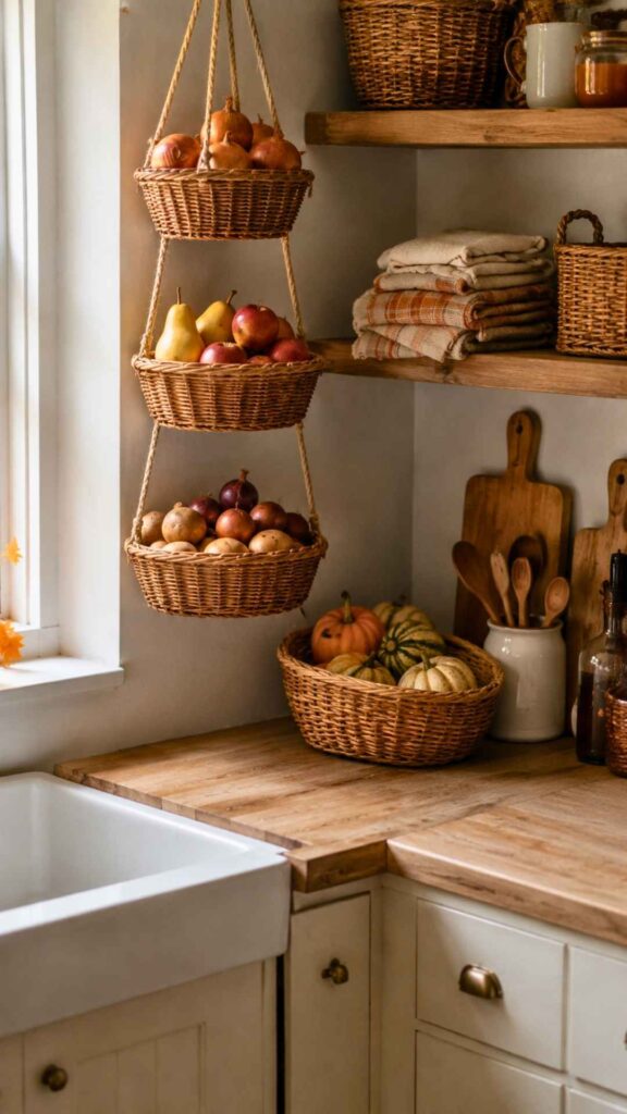 Fall Kitchen Decor Ideas with Hanging Produce Baskets