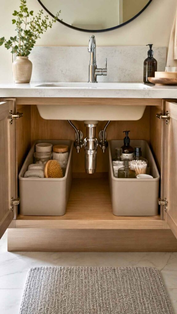 Under Sink Storage on Both Sides of the Pipes