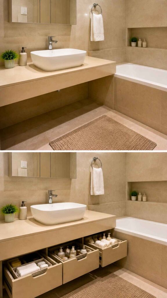 Pull-Out Drawers Added Under the Bathtub or Counter