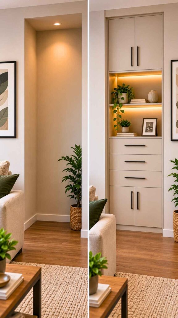 Turn a Living Room Architectural Alcove or Recess Into Storage