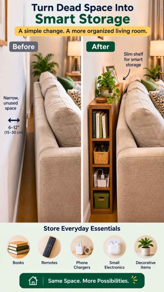 Turn the Empty Space Behind the Sofa Into a Hidden Storage Zone
