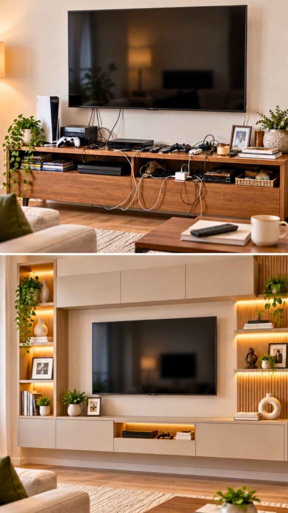 Use Closed and Open Modular Storage on the TV Wall